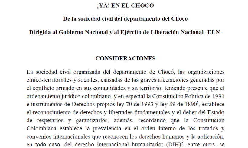 Civil Society activists call for Humanitarian Agreement in Chocó