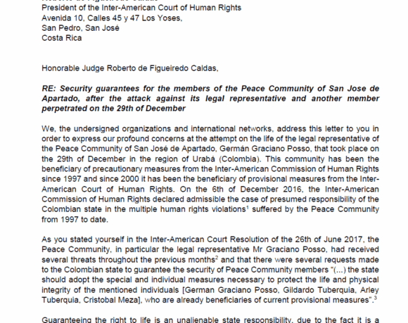 Letter to Inter-American Court of Human Rights: San José de Apartadó Peace Community