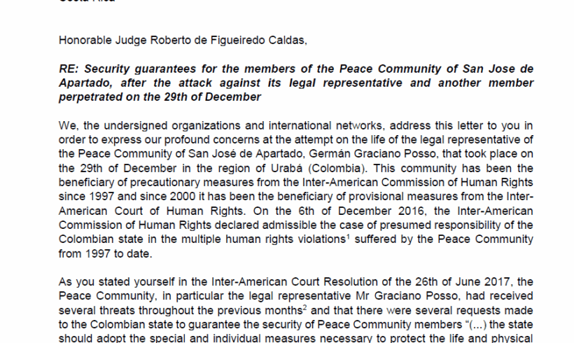 Letter to Inter-American Court of Human Rights: San José de Apartadó Peace Community