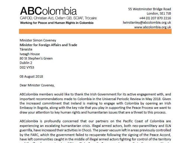 Letter to Minister Coveney on Humanitarian Crisis in Chocó and Human Rights Defenders