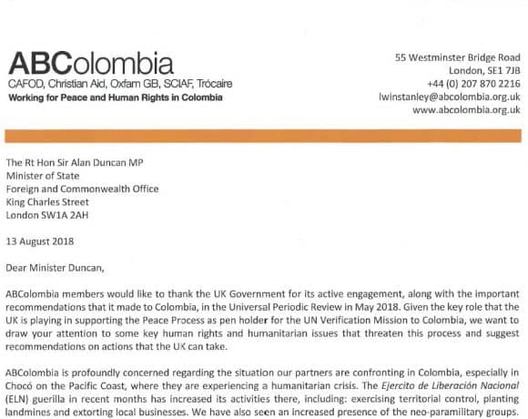 Correspondence with Sir Alan Duncan on Humanitarian Crisis in Chocó