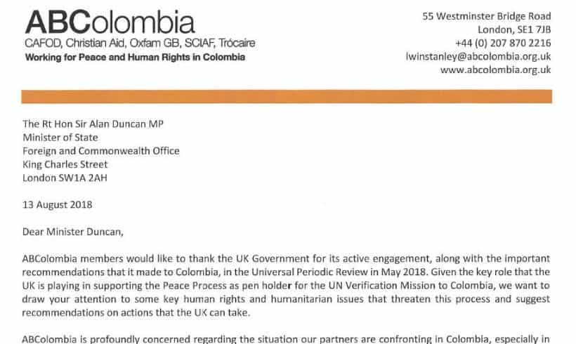 Correspondence with Sir Alan Duncan on Humanitarian Crisis in Chocó