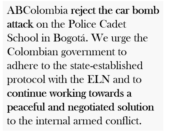 ABColombia urges Colombian Government to pursue peaceful and negotiated solution to internal armed conflict