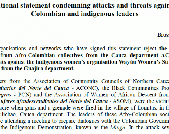 International organisations reject violent attacks and threats against Afro-Colombian and Indigenous leaders