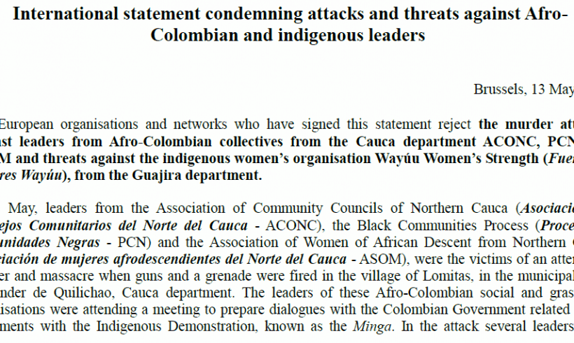 International organisations reject violent attacks and threats against Afro-Colombian and Indigenous leaders