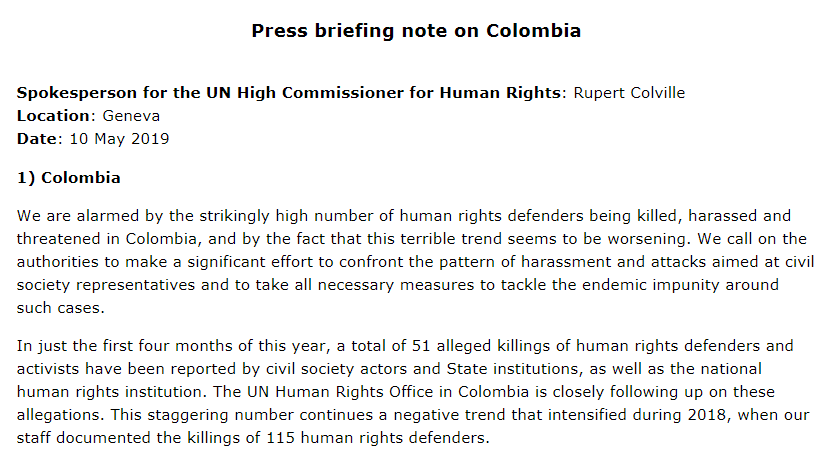 UN High Commissioner for Human Rights: Briefing note on Colombia