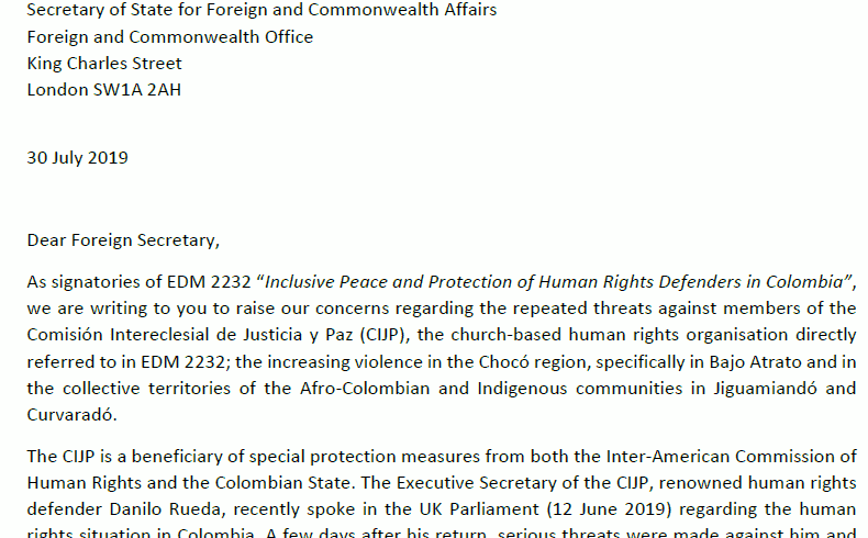 Concerns about death threats against Colombia Human Rights Defenders: MPs send letter to UK Foreign Secretary