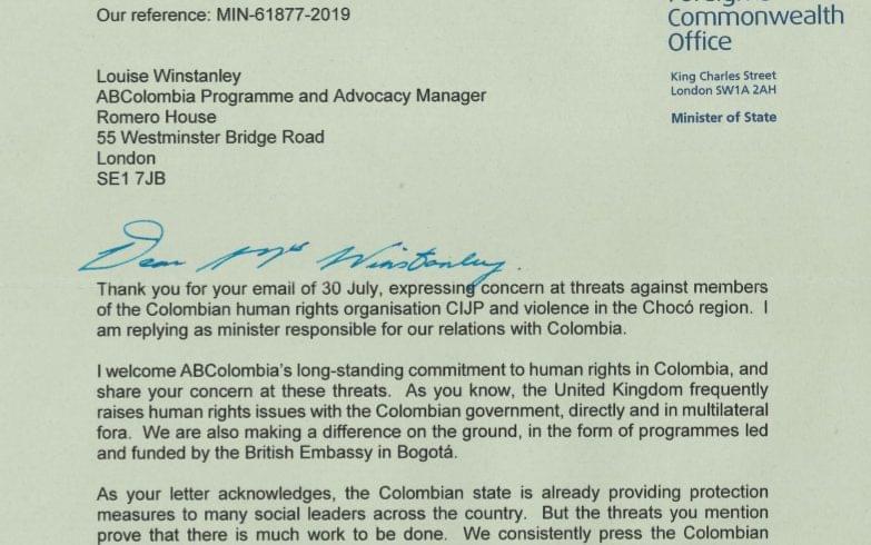 Response to letter sent to Foreign Secretary: Concerns about death threats against Colombia Human Rights Defenders