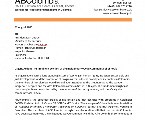Letter of Concern to Colombian Government: Forced Eviction of El Rocío