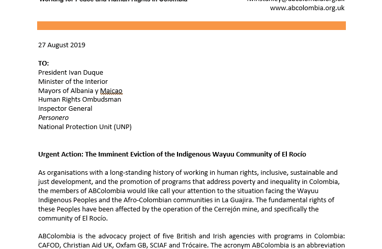 Letter of Concern to Colombian Government: Forced Eviction of El Rocío